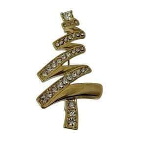 1990s Monet Squiggle Christmas Tree Pin Rhinestone Gold Tone Vintage
